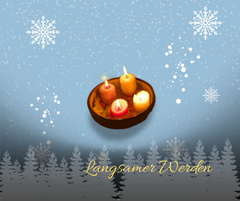 Winterliches Titelbild: Vor blauem Schneefall-Hintergrund schwebt ein Kerzenteller mit drei brennenden Kerzen über einer dunklen Tannenwald-Silhouette. Unten rechts steht in gelber Schrift „Langsamer Werden“.