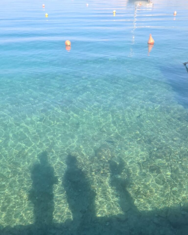 Schattenaufnahme dreier Wegbegleiter als Spiegelung im Meerwasser. Die flüchtigen Silhouetten auf der glitzernden Oberfläche symbolisieren die Verbindung von Gegenwart und Erinnerung.